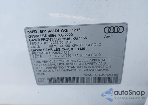 2016 Audi Q3 2.0T Premium Plus из США, поврежденный, VIN WA1EFCFSXGR013403